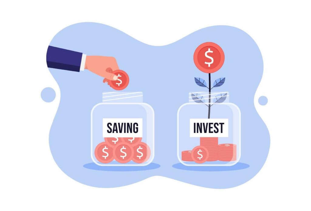 Ilustración que compara el ahorro y la inversión: una persona deposita dinero en una alcancía de ahorro, mientras otra cantidad crece como inversión.