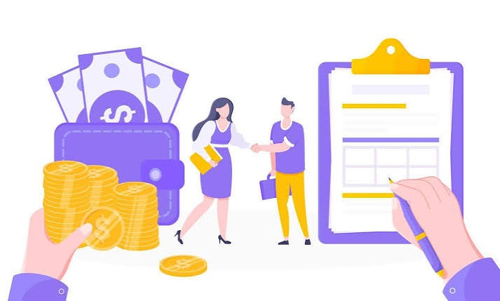 Ilustración sobre servicios financieros y créditos, con monedas, una billetera, personas intercambiando dinero y un formulario de solicitud. 