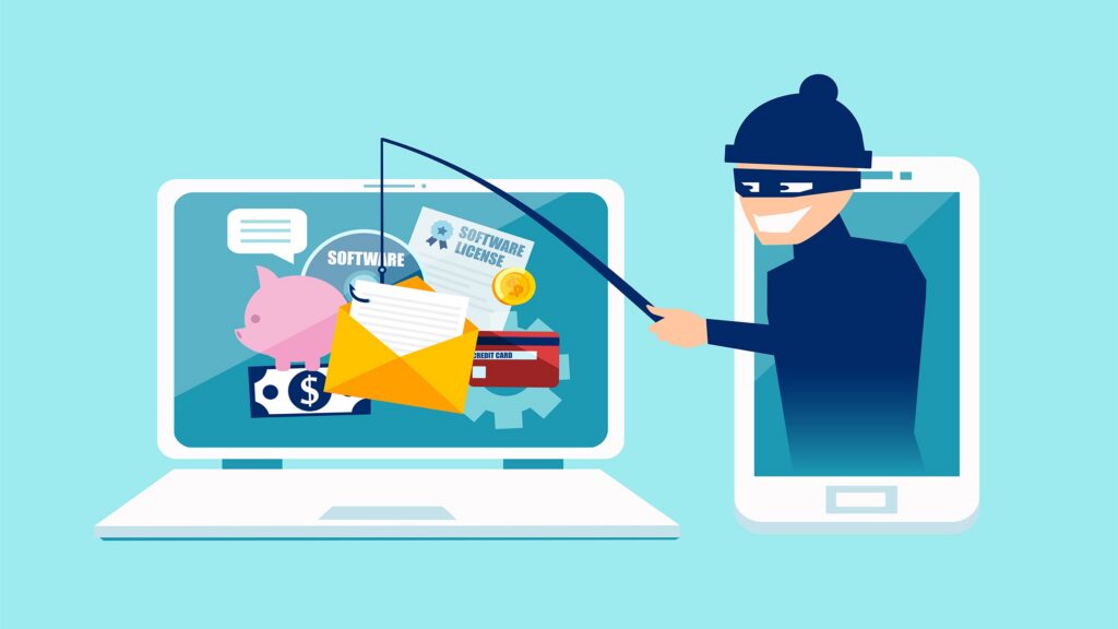 Ilustración de una persona intentando obtener información financiera y datos personales mediante dispositivos digitales 