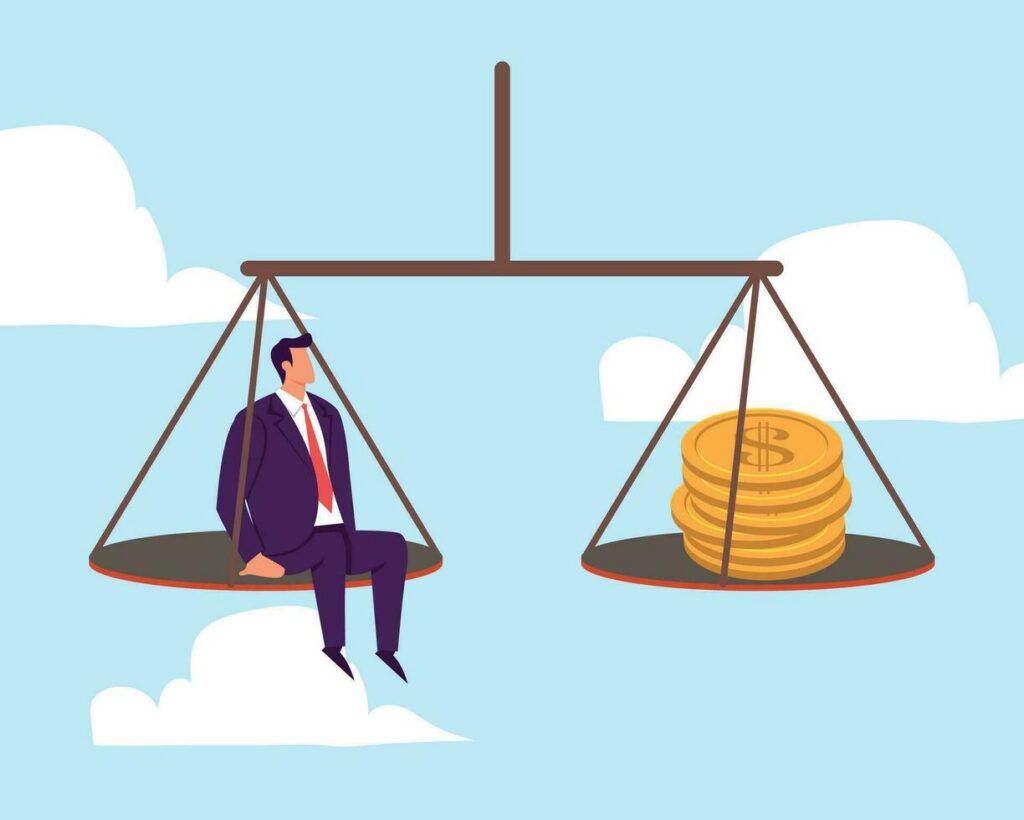 Ilustración de una balanza que representa el equilibrio financiero, con una persona en un lado y monedas apiladas en el otro. 

