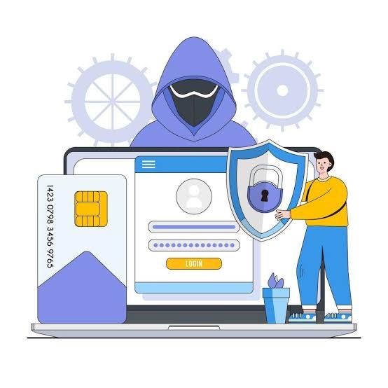 Ilustración de una persona protegiendo sus datos financieros y acceso digital frente a una amenaza de seguridad. 

