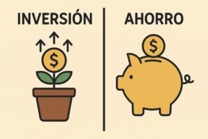 Comparación visual entre inversión y ahorro, representados con una planta que crece y una alcancía