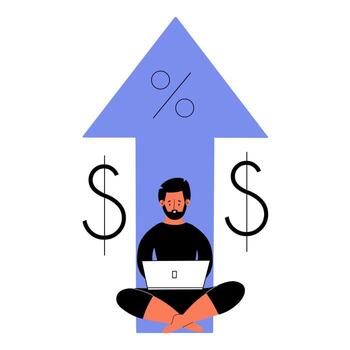 Ilustración de una persona con computadora bajo una flecha ascendente, acompañada de símbolos de porcentaje y dinero que representan el crecimiento, los costos y la comparación de opciones de financiamiento.