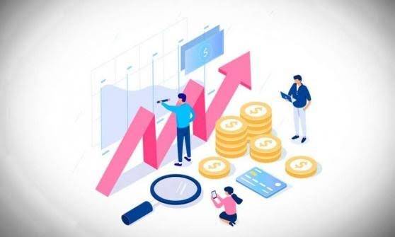 Ilustración de personas analizando una gráfica de crecimiento junto a monedas, una calculadora y una lupa, que representa el uso estratégico del capital, la gestión de la liquidez y las decisiones de financiamiento para empresas. 