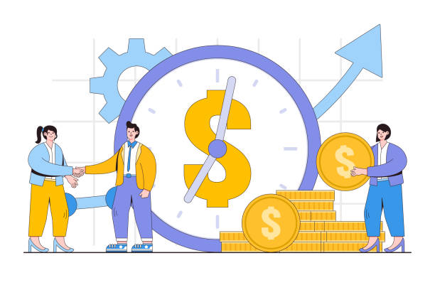 Ilustración de personas junto a un reloj, monedas y una flecha ascendente, que representa la planificación del capital de trabajo, la mejora de la liquidez y el uso de recursos para impulsar el crecimiento de las pymes. 