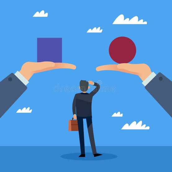 Ilustración de una persona frente a dos opciones representadas por figuras geométricas, que simboliza la elección entre distintas opciones de financiamiento según las necesidades de liquidez. 

